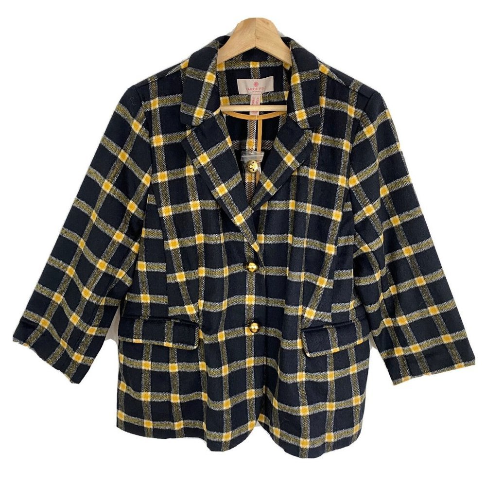 Laurie Felt Blazer Blue Yellow Plaid 3/4 Sleeve NWOT Size 16